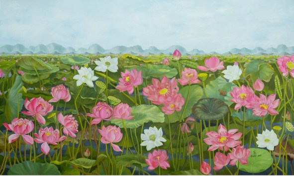 The precious lotus painting "Lien Hoa Tinh Canh" by artist Nguyen Thi Kim Duc